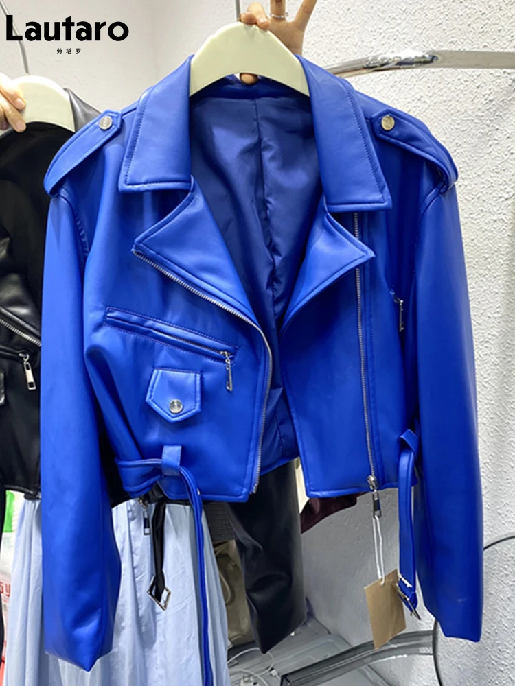 Lautaro-Veste de Motard Courte en Cuir PU Souple pour Femme, Blouson Bleu à Manches sulfavec Fermeture Éclair et Ceinture, Vêtements de Luxe Cool de