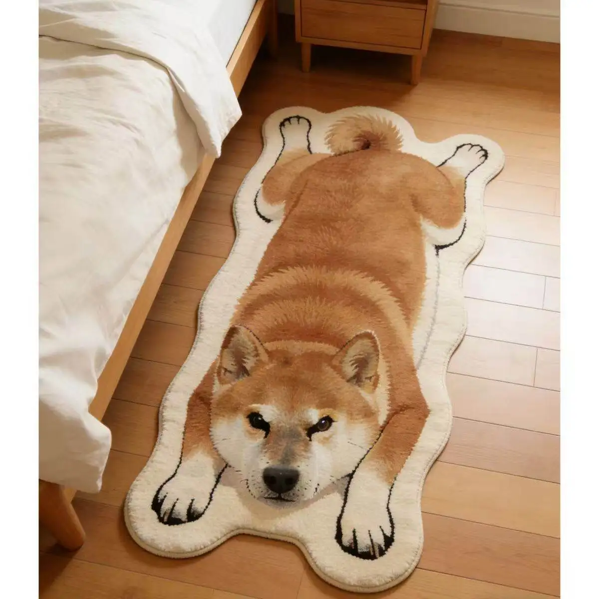 VIKAMA Long Lying Shiba Inu Shaped Rug Non Slip Washable Plush Floor Mat Creative Bedroom Side Bed Decor Rug