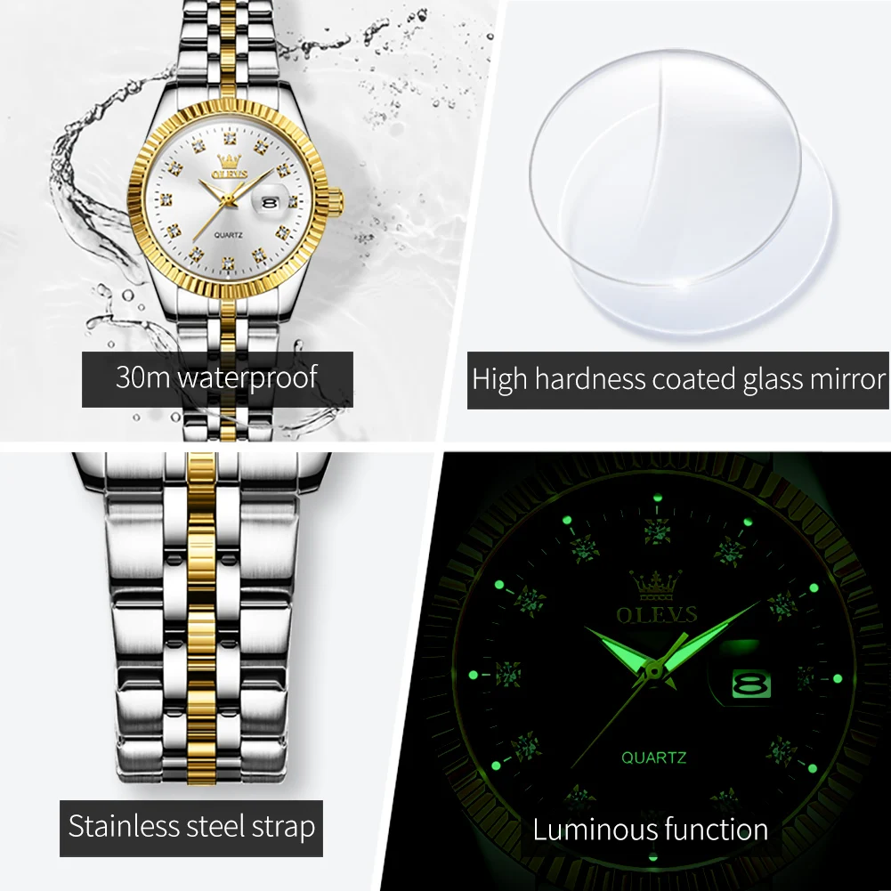 OLEVS Luxury Top Brand Quartz Watch for Women Fashion Elegant Stainless Steel Strap Waterproof Luminous Ladies Dress Wristwatch