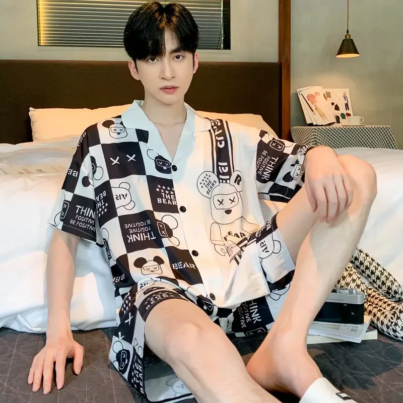 

Men's Two-Piece Pajamas Summer New Ice Silk Men's Pajamas Short-Sleeved Shorts Thin Section Of The Student Teenage Homewear Suit