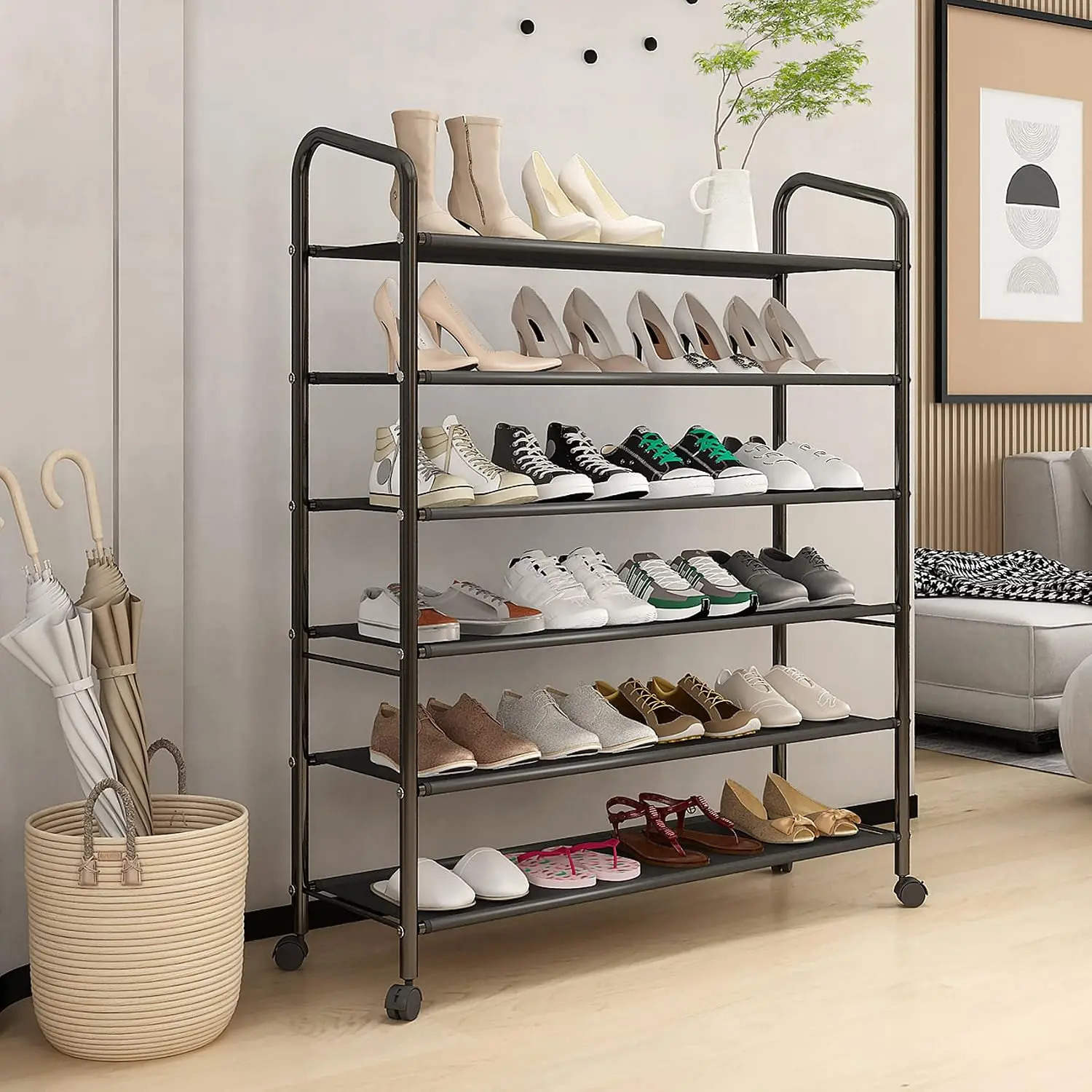 Tall 6-Tier Metal Shoe Rack,Non-Woven Fabric Shoe Shelf,Large Storage Racks with Locking Wheels,Rolling Shoe Storage Organizer S