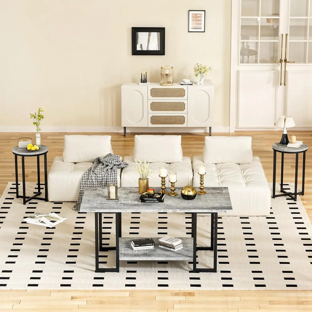 Faux Marble 3-Piece Living Room Table Set with Metal Frame and 2 Round Side Tables