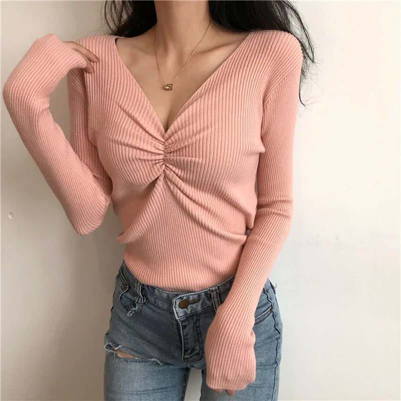 HELIAR Women Sexy V Neck Sweater Autumn Knitted Pullover Jumper Chic Soft Korean Slim Long Sleeve Female Basic Top New Winter