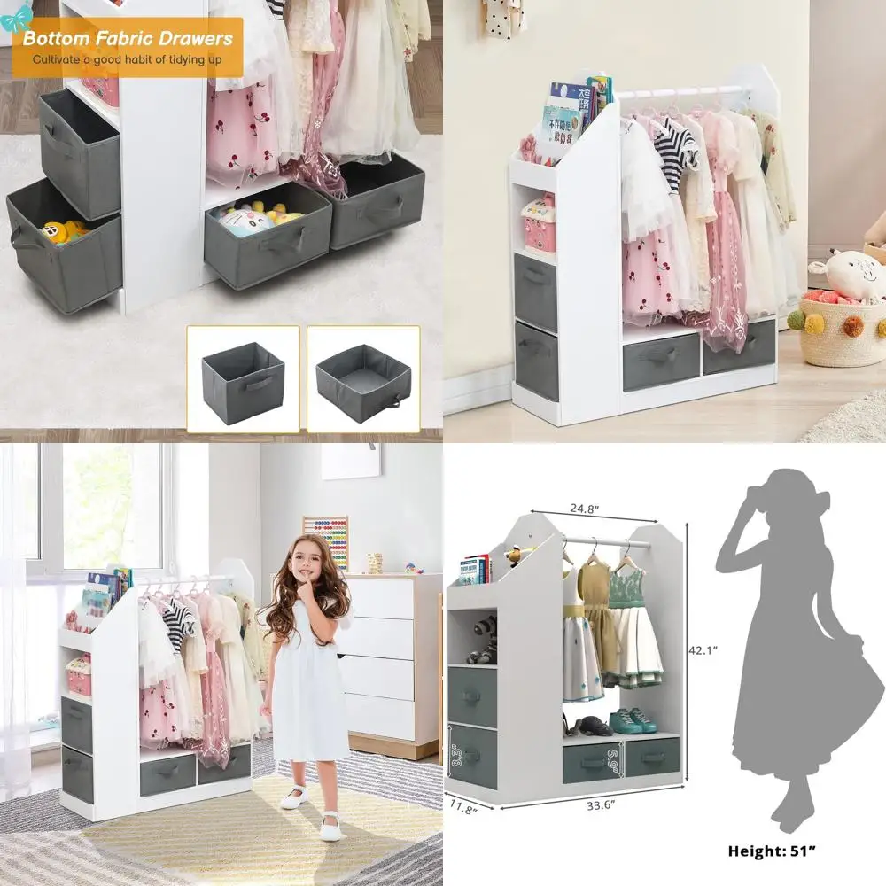 

White Kids' Mirrored Storage Unit with 4 Bins, Hanging Rack, and Play Wardrobe