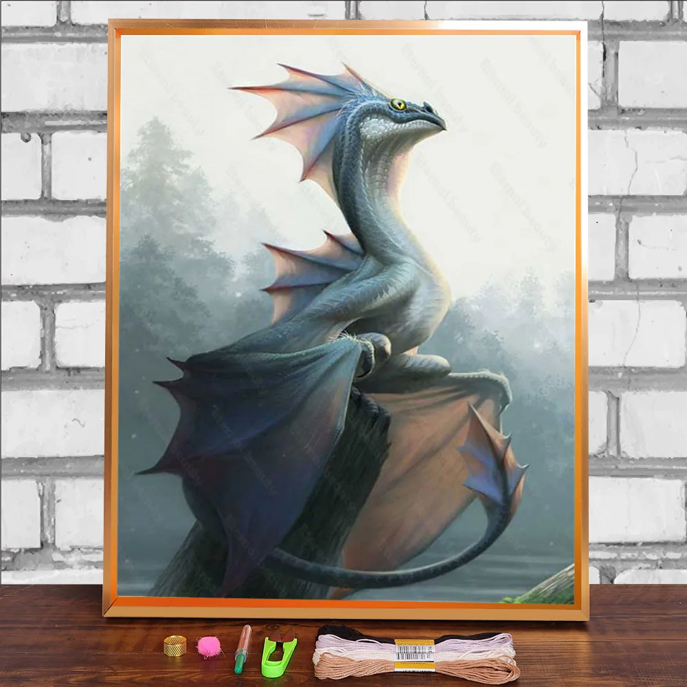 Mythical Beast And Girl Cartoon Flying Wings Printed Water-Soluble Canvas 11CT Cross Stitch Embroidery Patterns         Sales