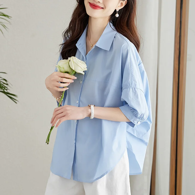 

Loose Casual Blue irt Women's Mid-Sve Cotton Clothing Hangzhou Silk New Summer Sle 2025 Slimming Effect
