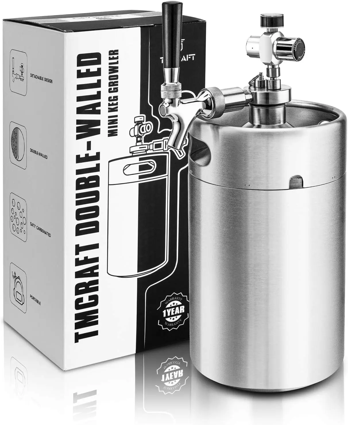 

TMCRAFT 128OZ Double-Walled Mini Keg Growler, Pressurized Home Beer Dispenser System with Detachable Faucet and Regulator Keep F