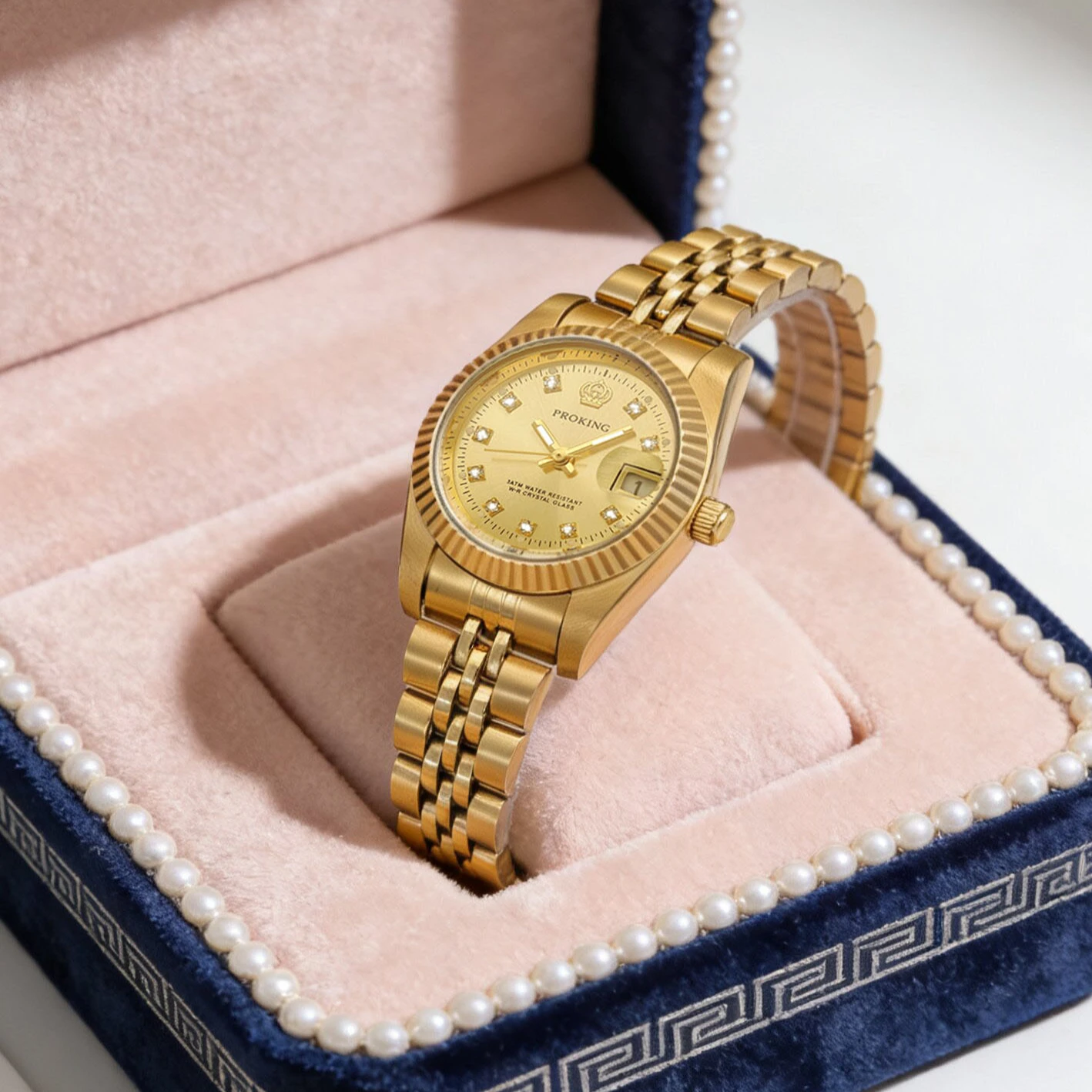 

Роскошные золотые женские часы PROKING с циферблатом, украшенным бриллиантами, с указателем даты, водонепроницаемые кварцевые наручные часы для женщин 4001LD