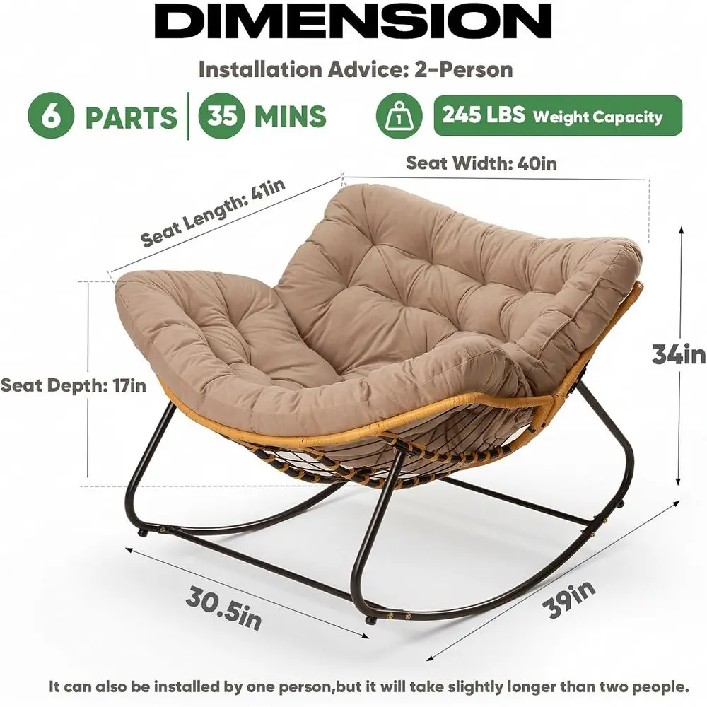 Papasan Chair with Cushion, Oversized Outdoor Rocking Chair, Patio Egg Chair Outdoor, Wicker ern Cozy Comy Chair or Bedroom,