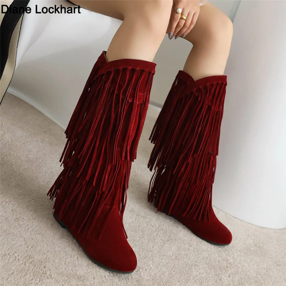 2025 New High Boots Women Bohemian Flock Tassle Mid-Calf Boots Wedge Booties Autumn Winter Ethnic Casual Shoes zapatos de mujer