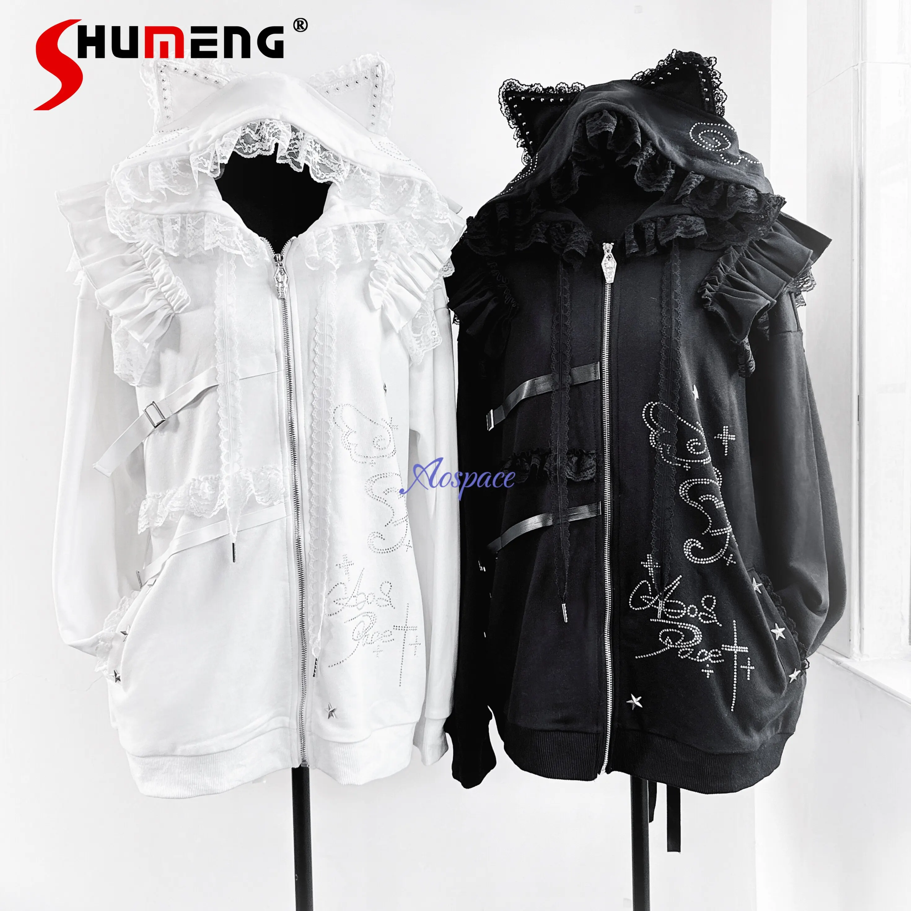 

New Original Subculture Sweet Cool Fashion Black and White Oversized Jacket Cat Ears Rhinestones Lace Asual Hooded Sweatshirt