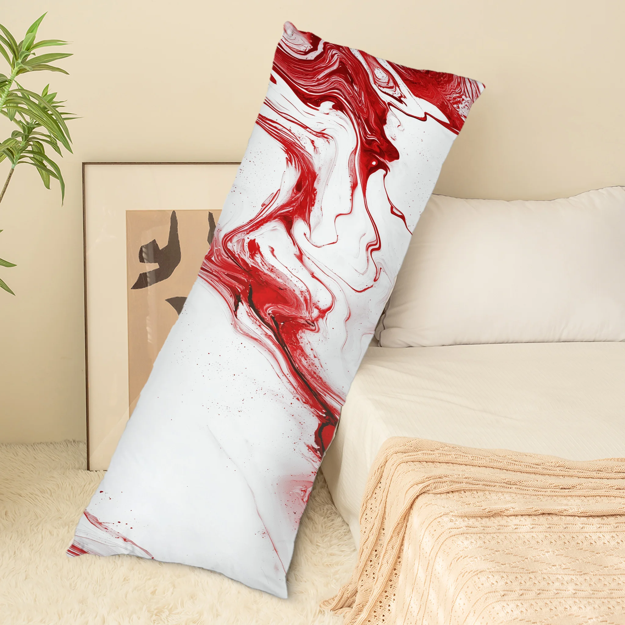 1 Red Marble Abstract Pattern Pillowcase - 50.8X137.16 cm Bolster Decorative Bedding, Zipper Closure, Hand Wash Solely, Suitable
