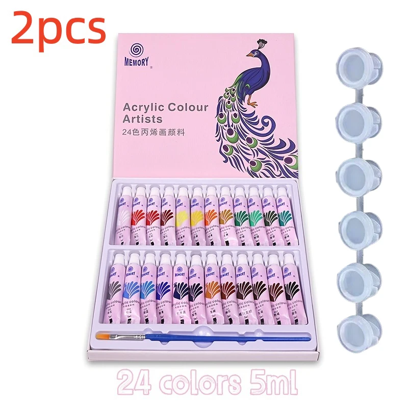 2 pcs 12/24 color 5ml acrylic painting paints + paint box, suitable for student painting paint set and tool kit