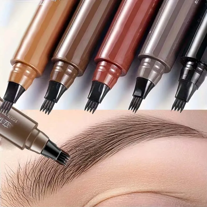 5 Farben Wasserfester Augenbrauenstift 4-Spitzen-Augenbrauen-Tattoo-Stift Langanhaltend Schweißfest Hochpigmentierter Flüssiger Schwarzer Augenbrauen-Make-up-Stift