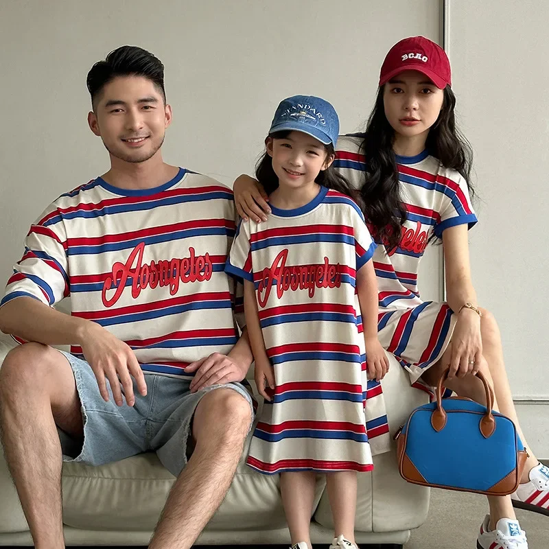 

2025 Summer Parent-child Matching Outfits Striped Letter Short Sleeve T-shirt Dress Denim Shorts Suit Children's Clothing Set