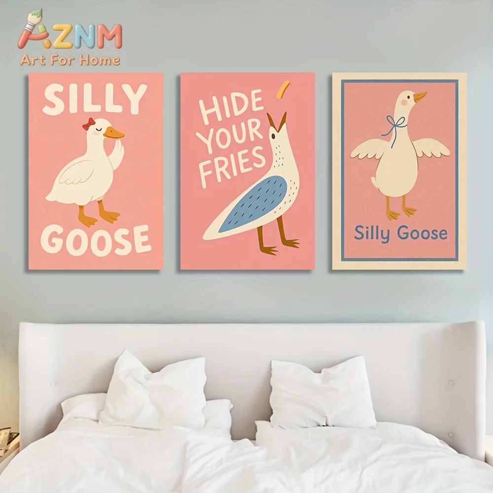 AZNM Funny Silly Goose Canvas Wall Art Cute Duck Seagull Cartoon Text Print Frameless Canvas Painting Kids Room Home Decor Poste