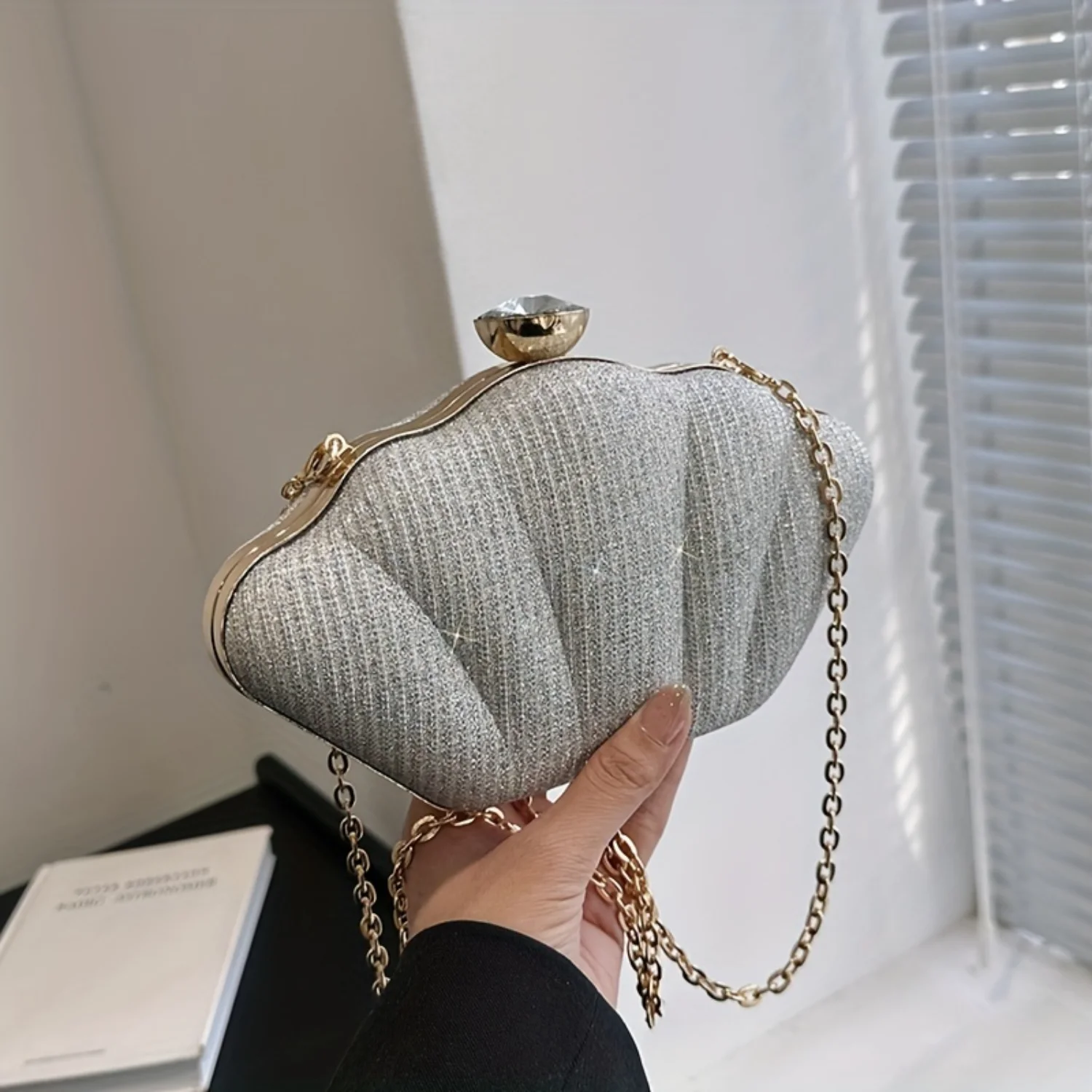 Rhinestone Shell Evening Bag for Women, Chain Crossbody Wedding Prom Party Festivals