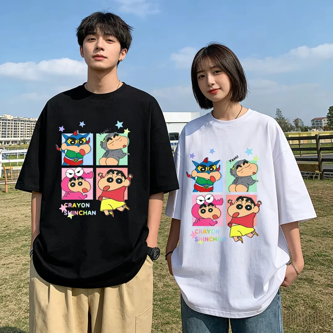 Crayon Shin Chan Grid Print Couple T Shirt Men Women Oversized Cute Cartoon Short Sleeve Casual Tee Top