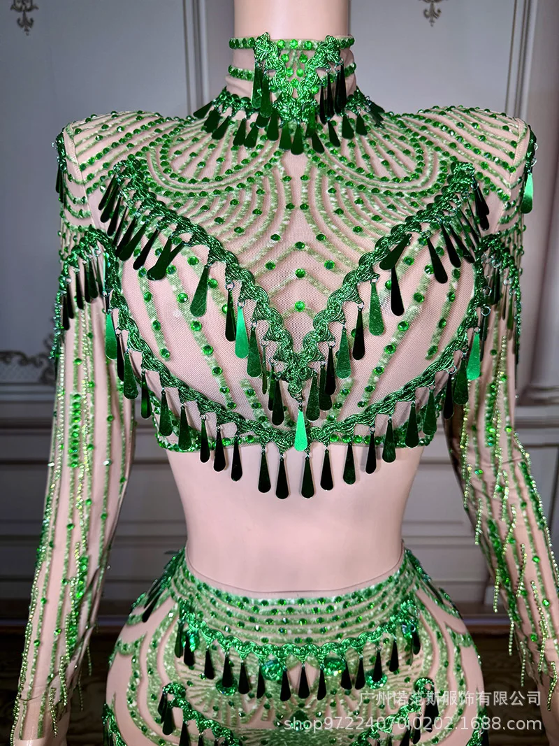 Verde Bianco Temperamento Moda Due pezzi Azienda Riunione annuale Cerimonia di premi Abito da sera Abito da canto per palcoscenico di gruppo da donna