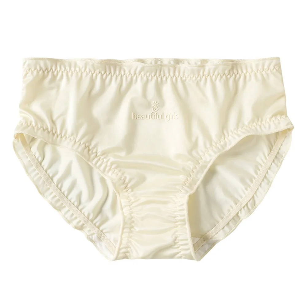 Solid Color Ice Silk Embroidery Letter Panties Underpants Mid Waist Women's Ruffle Satin Silk Briefs Female Underwear