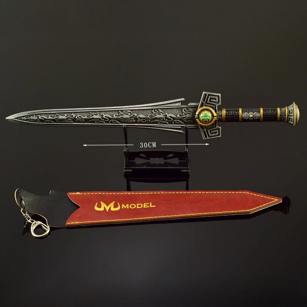 Figura de juego de 30cm, modelo de artesanía de Metal periférico con cubierta de cuero, adornos de decoración de escritorio, regalos de cumpleaños, espada de juguete