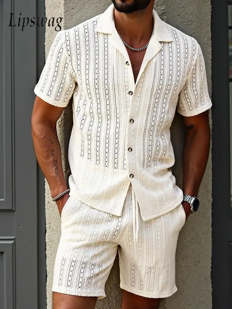 

Пляжные повседневные комплекты для мужчин: летние рубашки с коротким рукавом и шорты с вырезами, мужские двухкомпонентные костюмы для отдыха.