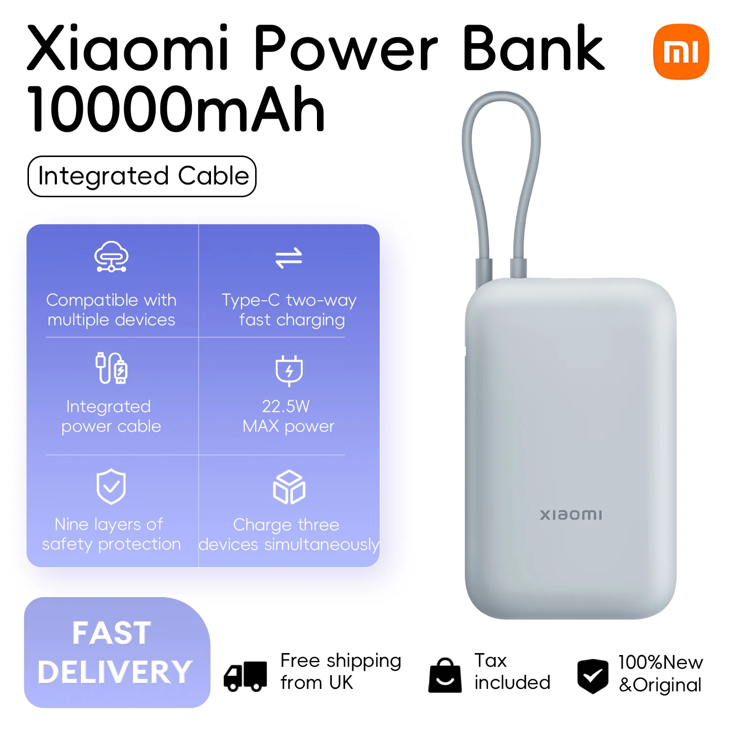Xiaomi 10000mAh Power Bank with Integrated Cable