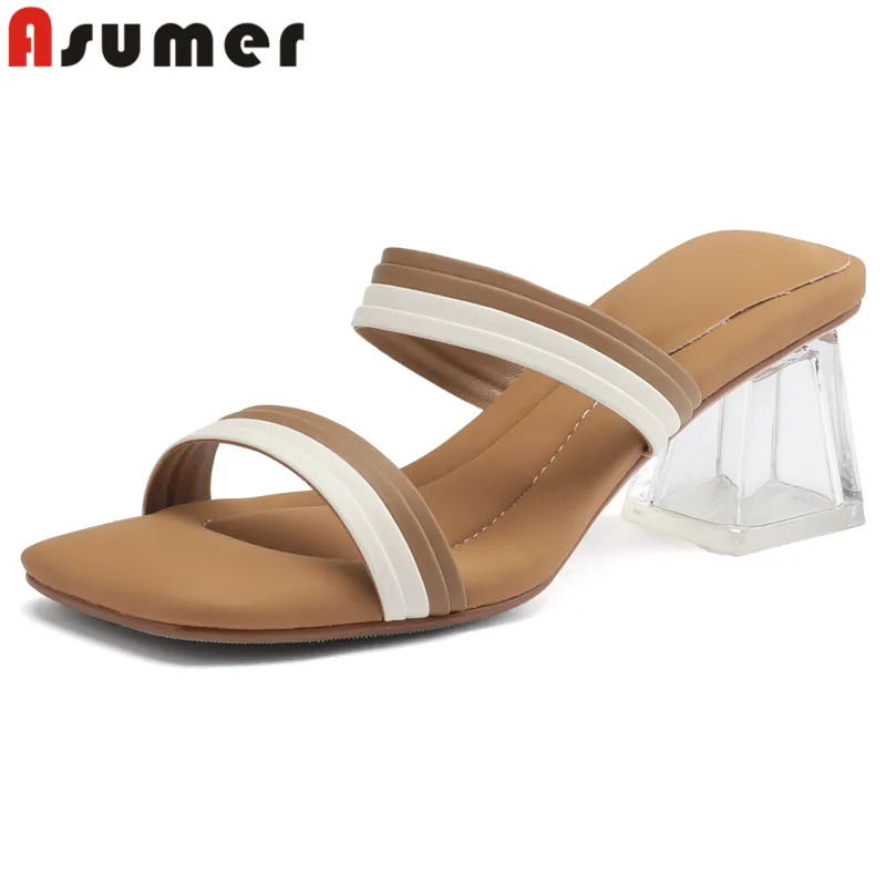 

ASUMER 2024 New Mixed Colors Microfiber Women's Slippers Simple Ladies Outside Dannce Slippers Crystal Square Med Heels Shoes