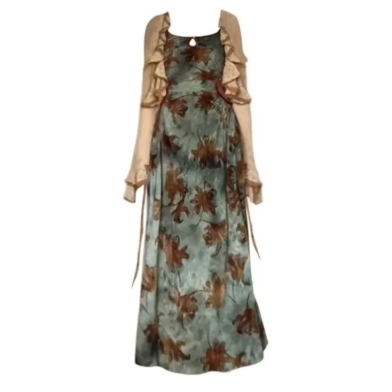 Elegant Harajuku Dye Print Slim Waist Camisole Robe Japanese Vintage 2000s Style Long Sleeve Cardigan Y2k Subculture 2 Piece Set