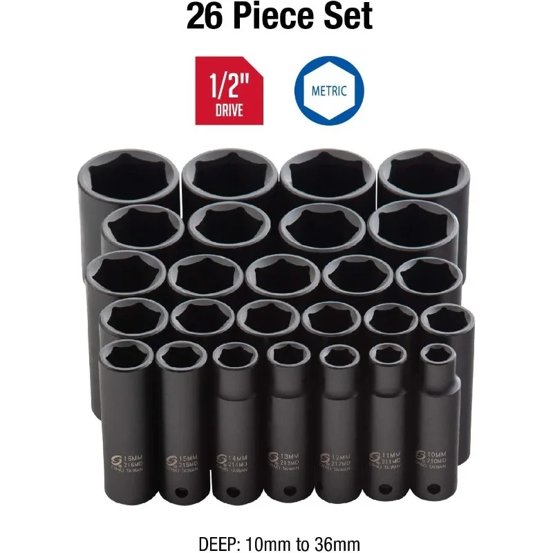 1/2 بوصة محرك مجموعة مقابس التأثير العميق متري 10-36 مللي متر 26 قطعة الكروم الموليبدينوم الصلب حقيبة للتخزين #3