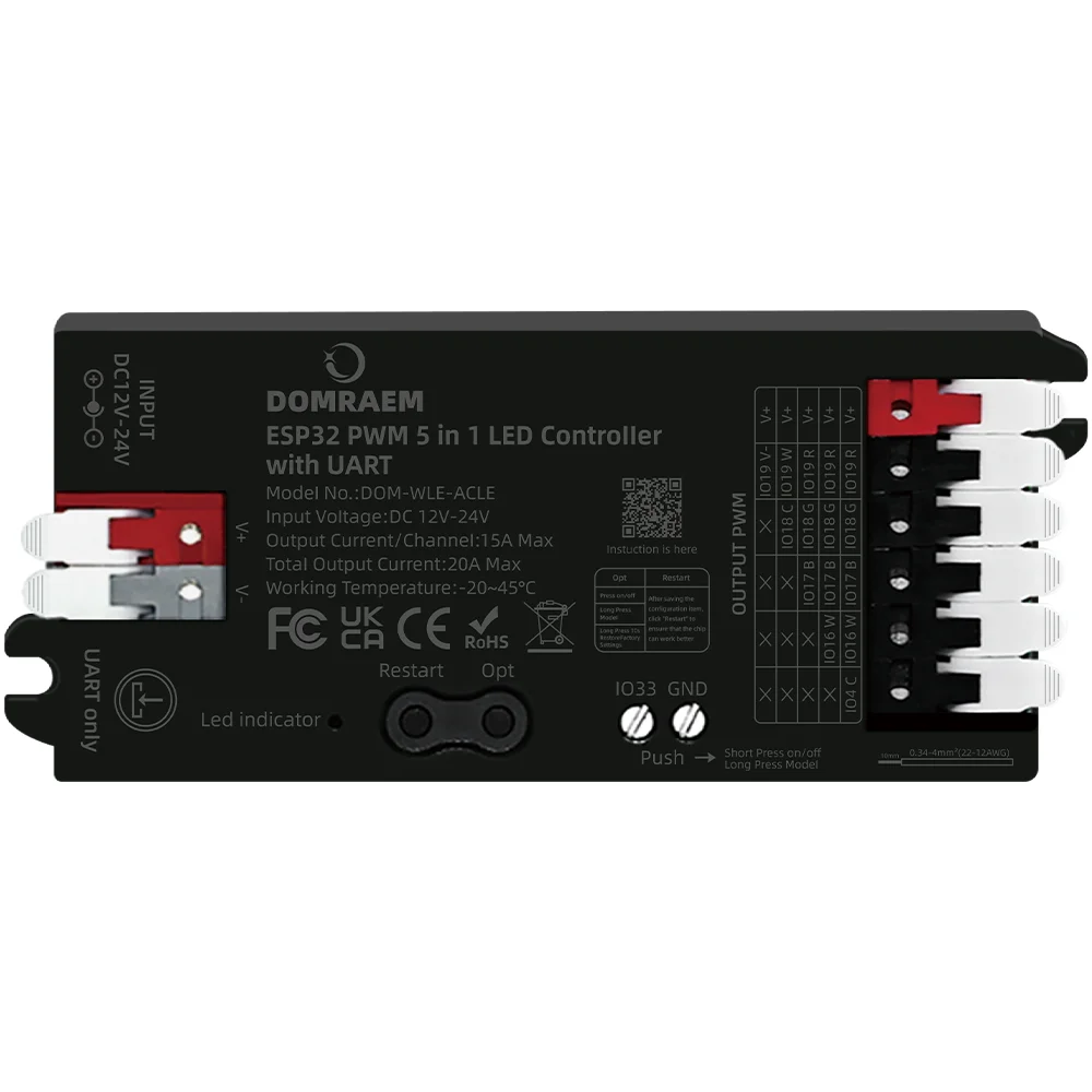 Domraem 5-in-1 ESP32 WLED-Controller, PWM-Dimmung mit UART, einfarbig, CCT, RGB, RGBW, RGBCCT-LED-Streifen, kompatibel mit Alexa HA