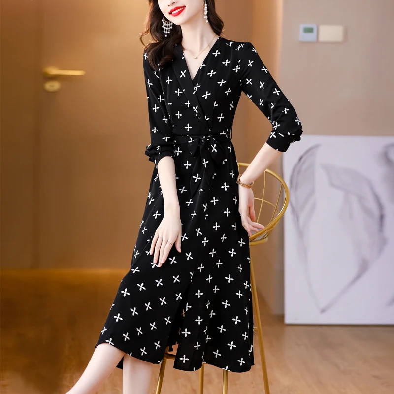 2025 Spring Black Print Knitting Long Sleeve Dress Korean Vintage Women Dress Elegant Bodycon Black Party Evening Vestidos