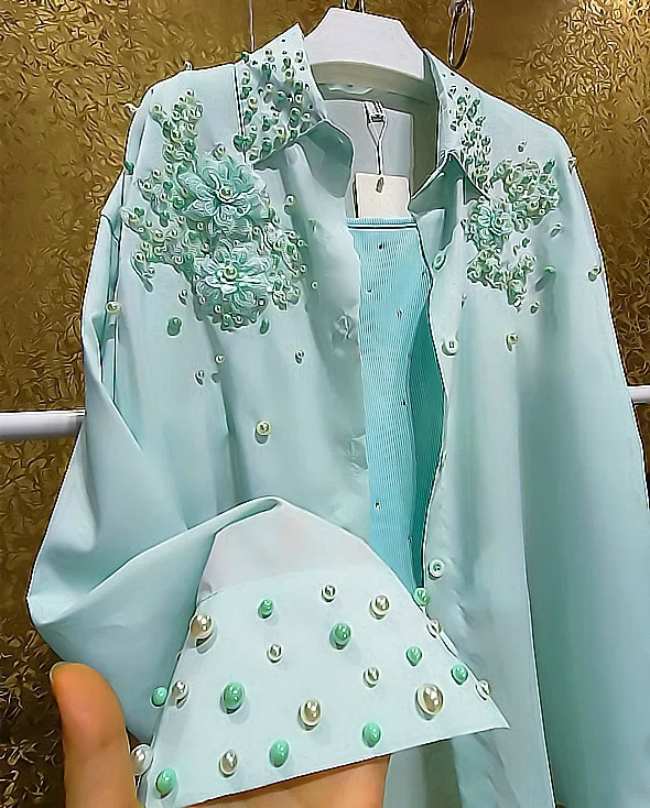 Luxury Rhinestones Pearls Beaded Chiffon Blouses Sequined Flowers Sunscreen Shirts Coat Single breasted Cardigan 2pcs Set Blusas