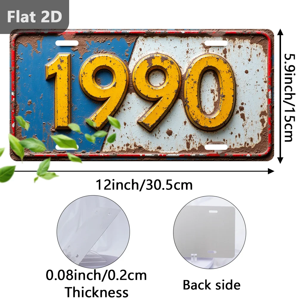 2D Flat, 1pc, Only for Decoration Decoration, Outdoor Signs & Wall Decor (30.48cm X 14.99cm), Number Plate with Year 1990, Retro