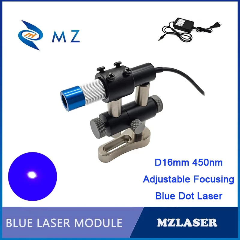 Laser à point bleu compact, mini laser à point bleu, mise au point réglable, 450nm, 30mw, 5V, alimentation rapide et adaptateur
