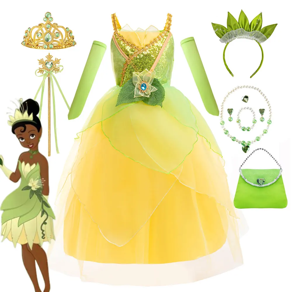 Fairy Tale Fancy Princess and the Frog Costume Play Tiana Ball Gown with Gloves Deluxe Suspender Dress 2 4 5 7 8Y Girl Carnival