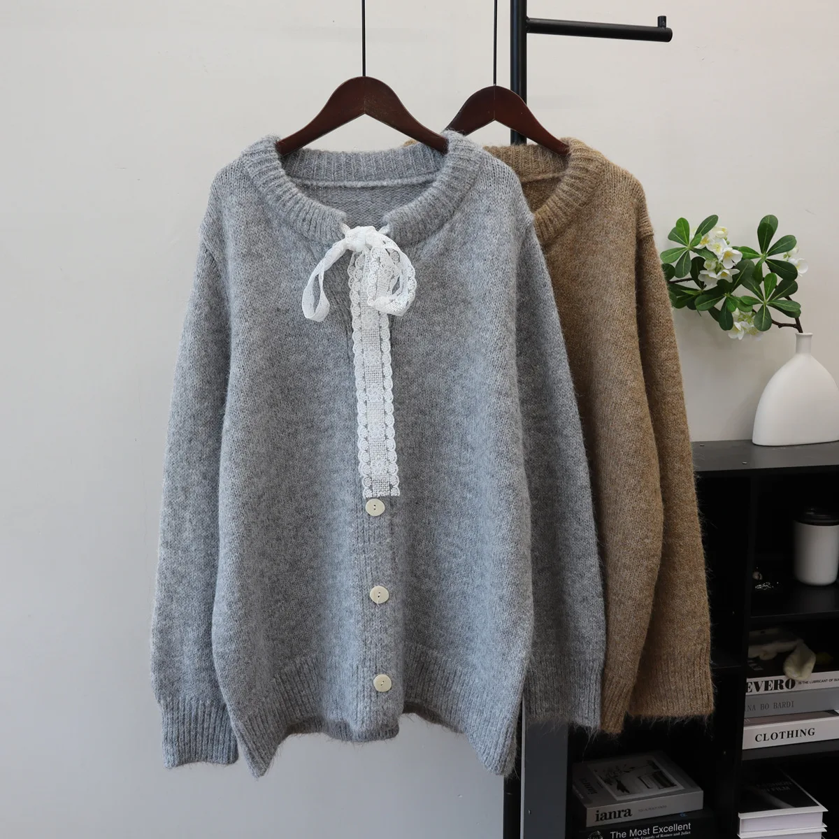 

Solid Women Cardigan Sweaters Knitted Jumpers Lace Straps O Neck Long Sleeves Single Breasted Loose Casual 2025 Autumn Winter