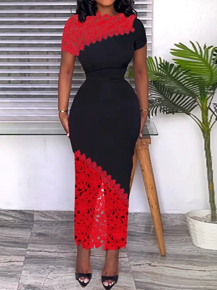 Customized Bodycon Lace Dresses for Ladies O Neck Short Sleeve Slim Fit Patchwork Women Midi Evening Cocktail Event Party Gowns