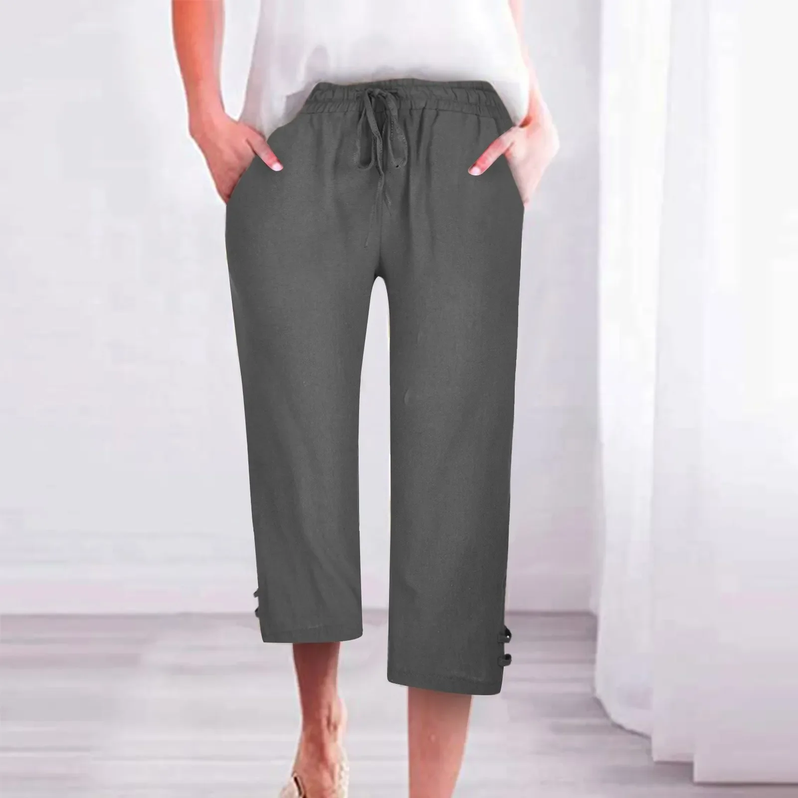 Pantalones de lino y algodón para mujer, pantalón corto de cintura alta con bolsillos, holgado, informal, a la moda, para primavera y verano, 2024