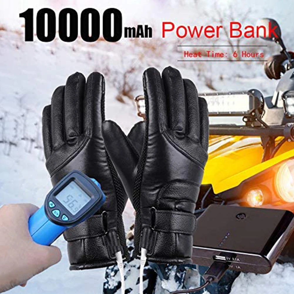 Guantes de calentamiento eléctrico de invierno, guantes térmicos de PU con calefacción USB, guantes calefactores de cuero impermeables para esquí todoterreno