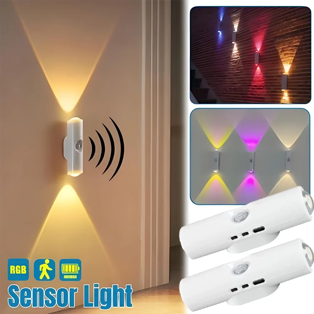 Runtow 1pc USB Rechargeable Motion Sensor LED Night Light 3 Colors/RGB Lighting Wardrobe Kitchen Under Cabinet Bedroom Christmas