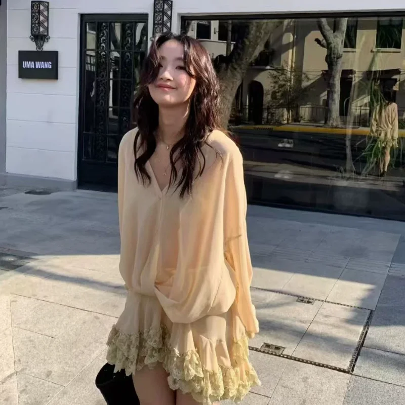 

Vaion Set Casual Silk Chiffon Loose Draped Lace Pure Desire ort Skirt Set Women's Loose Fit Long Sve Polyester Fiber