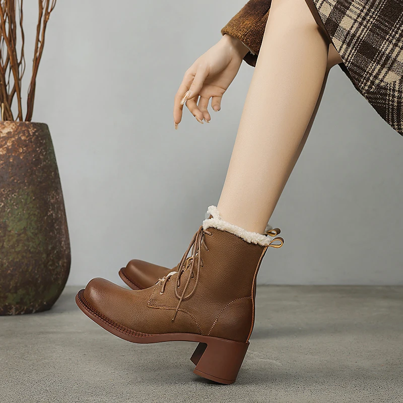 2024 Winter Women Boots Split Leather Women Shoes Round Toe Chunky Heel Genuine Leather Ladies Wool Modern Snow Boots image 6
