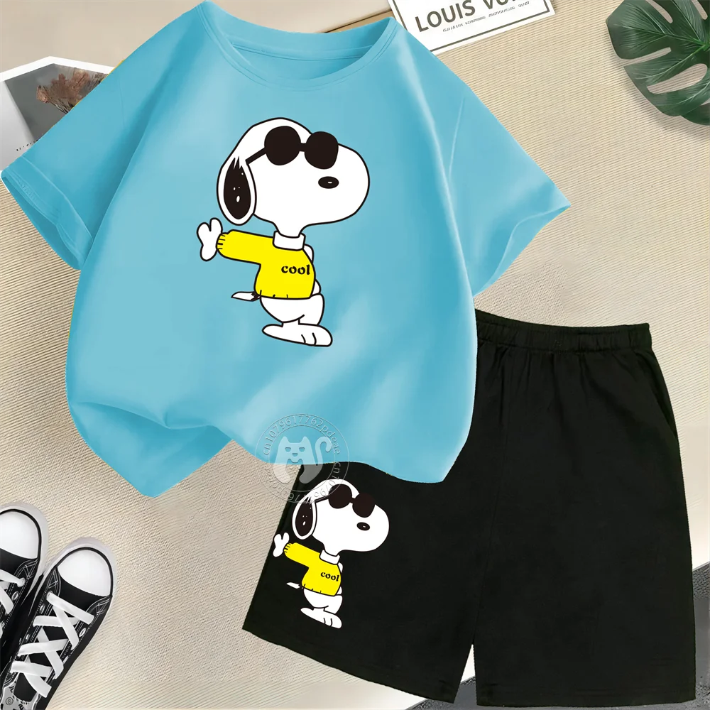 Children\'s Summer 100% Cotton T-shirt Cute Snoopy Print Youth Round Neck Short Sleeve+Shorts Boys and Girls Fashion Set