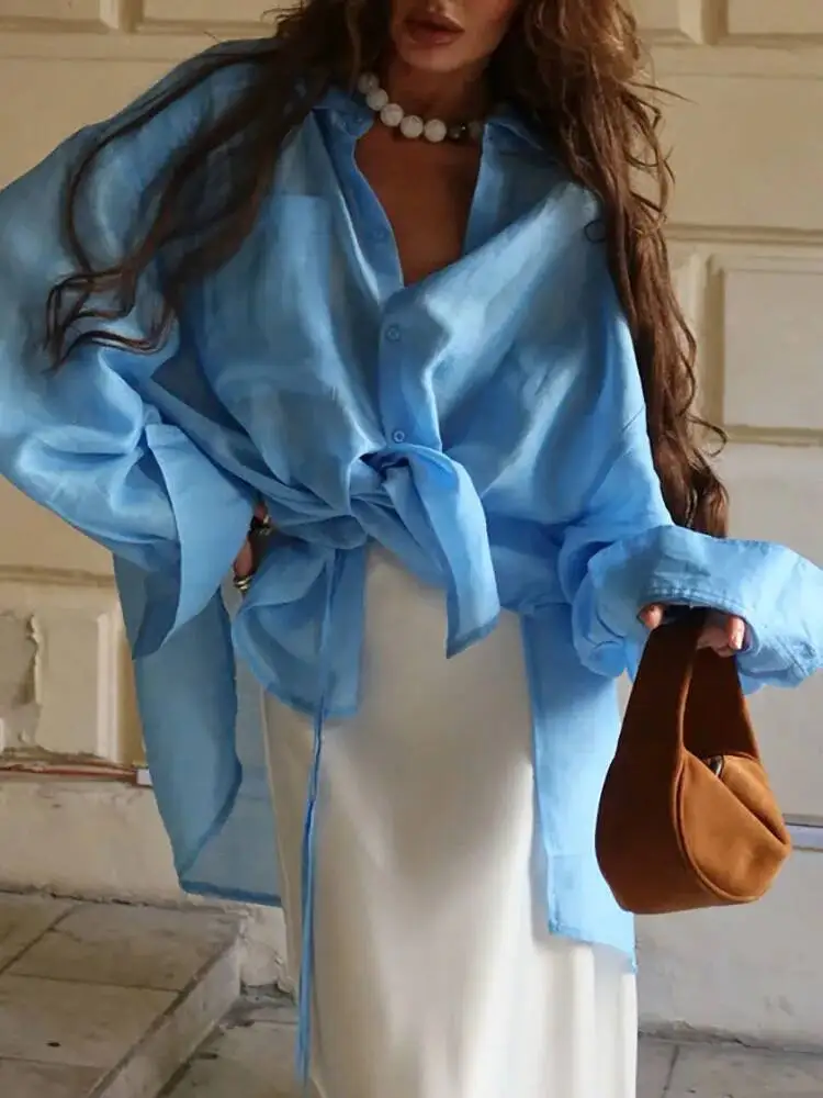 Fantoye Herfst Nieuwe Turn-down Kraag Vrouwen Blouses Blauw Lange Mouw Single Breasted Blouses Vrouwelijke Losse Casual Streetwear 2025