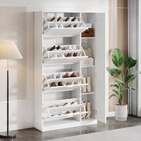 Modern Cabinet for Shoe with 4 Flip Drawers and Side Mirror, Slim Hidden Shoe Cabinet Tipping Bucket Shoe Rack, White147x80x24cm