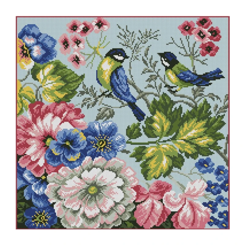 

The cross-stitch set features blue birds on the flower branches. 28ct, 18ct, 14ct and 11ct printed fabric sets are available for