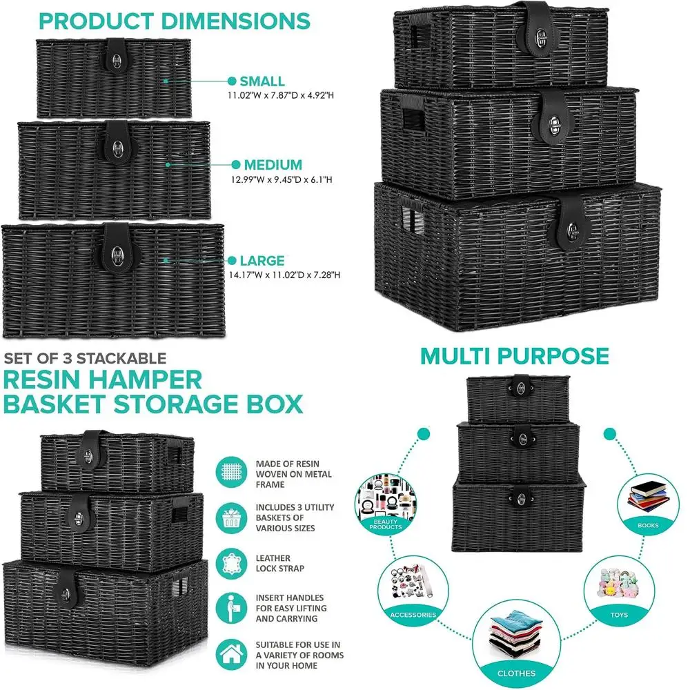 

Stackable Woven Baskets with Lids and Locks - Organizer for Nursery, Baby Closet, Diapers, Toys, Home, Office, Laundry, DVDs (Bl