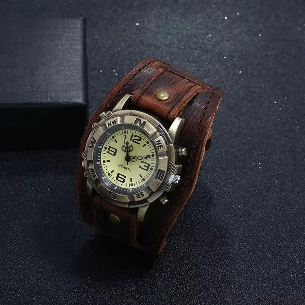 Punk Style Cowhide Bracelet Watch Black Brown Vintage Leather Strap Watch Retro Cowhide Strap Watch Bracelet Wristwatches