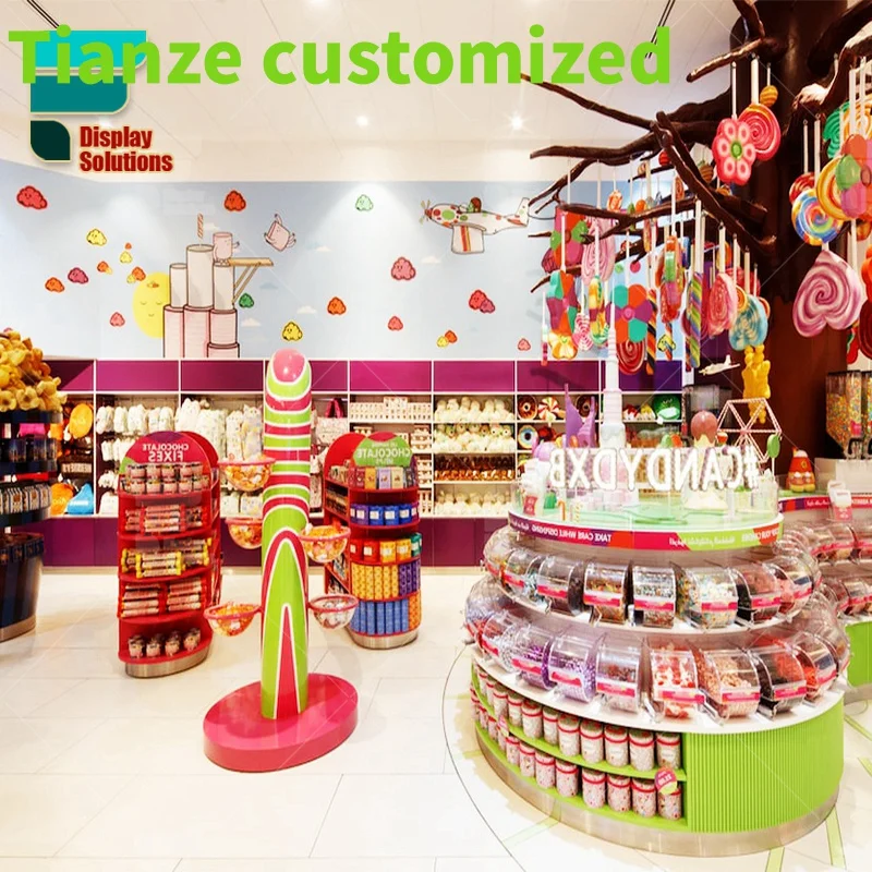 

Customized-Sweet Candy Shop Decoration Design Kinds of Candy Showcase Supply Display Mid stand Racks